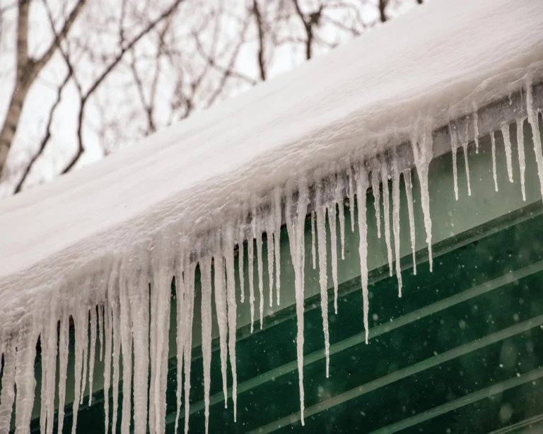 ice dams forming on roof edge in Edmonton with icicles and winter buildup