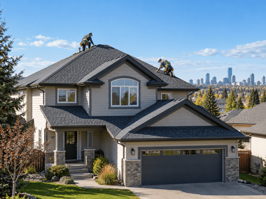 Roofers Working Above a Suburban Home