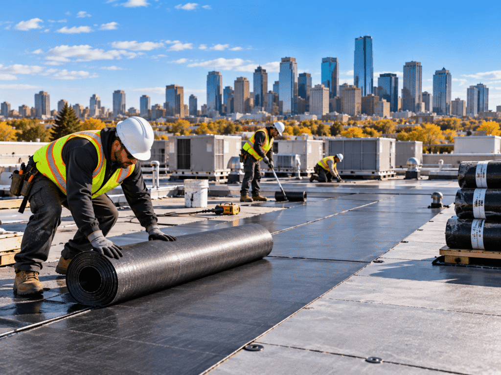 Rooftop Roofing Crew Overlooking City Skyline