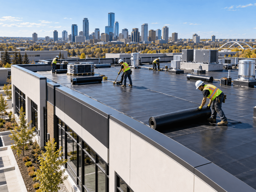 Rooftop Roofing Crew Overlooking the City