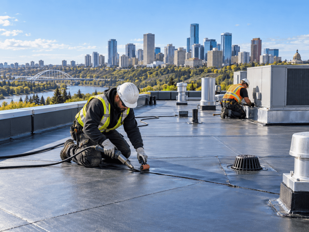 Rooftop Roofing Work Over City Skyline