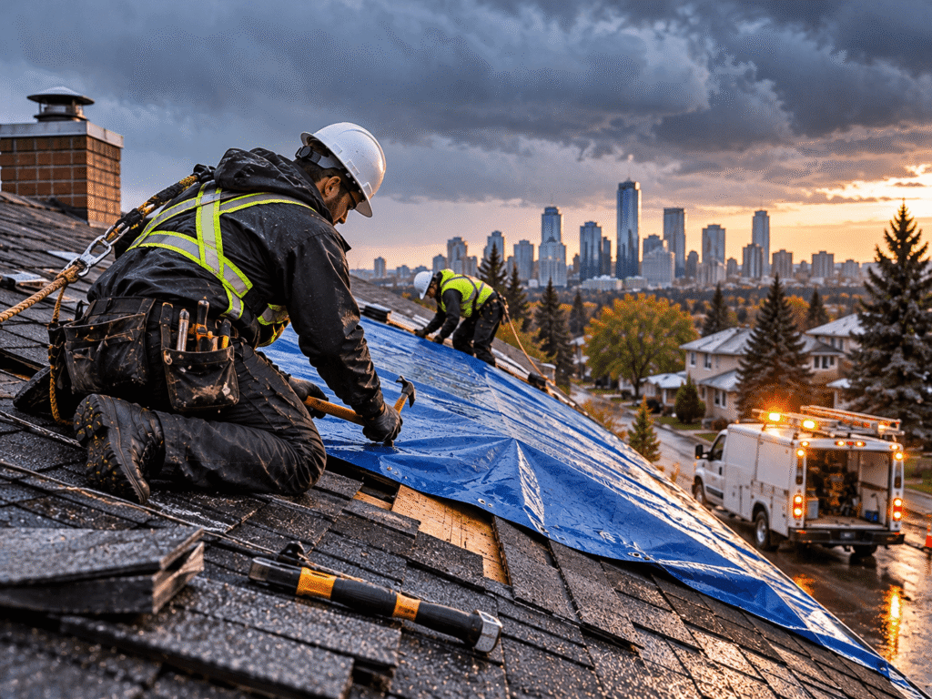 Stormy Rooftop Repair Over the City